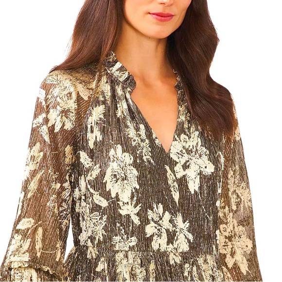 NEW Vince Camuto Lurex Floral Print Tiered Shift Dress Black & Gold Size XL - Picture 8 of 15